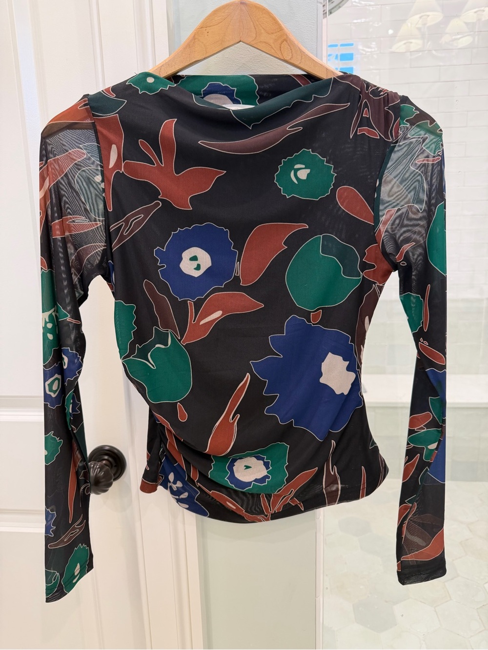 Cleobella Black Long-Sleeve Floral Print Top with Green & Blue Accents